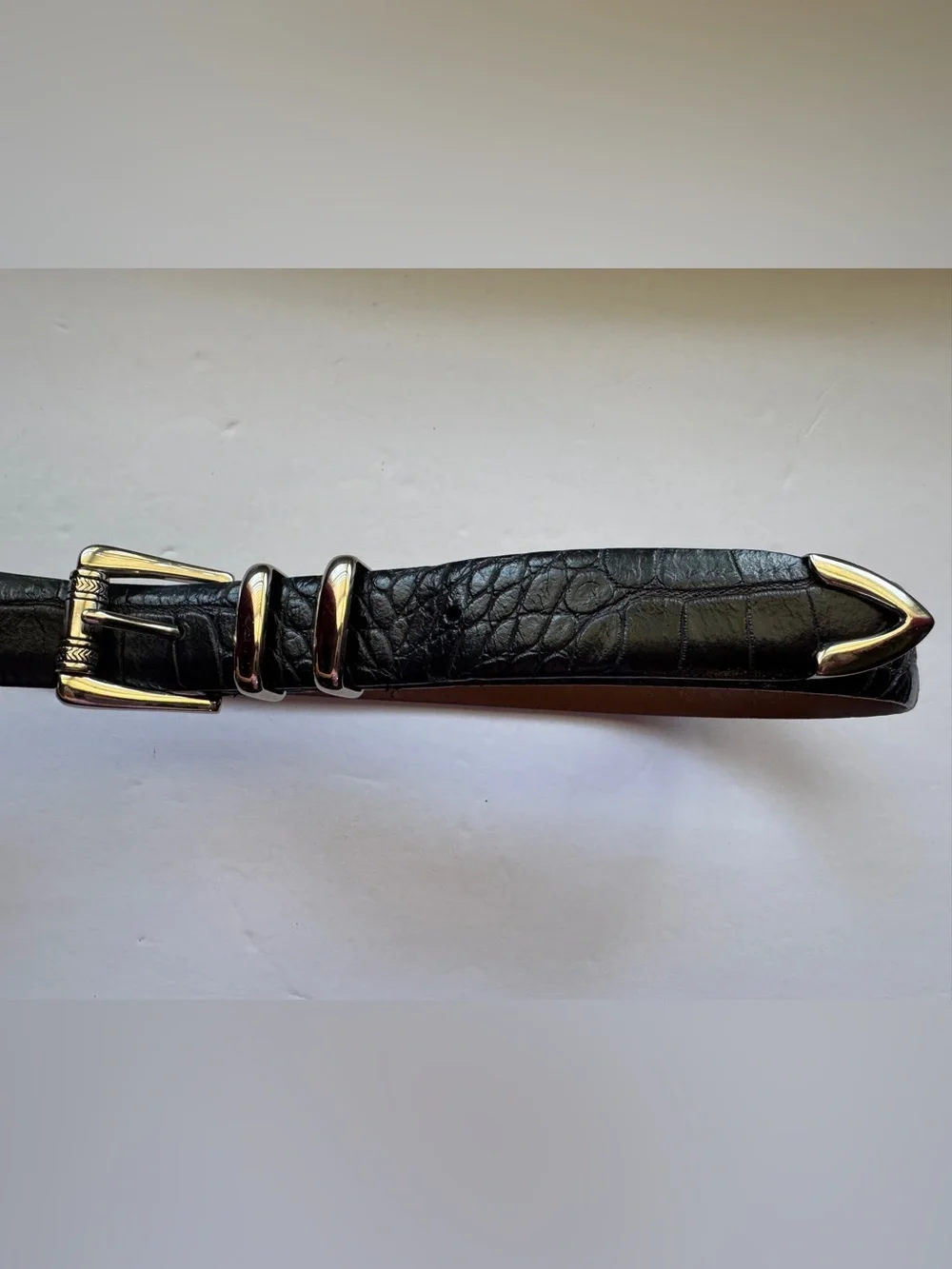 Handmade Italian Genuine Leather Croc Embossed Belt Black Gold Tone Buckle Sz 36